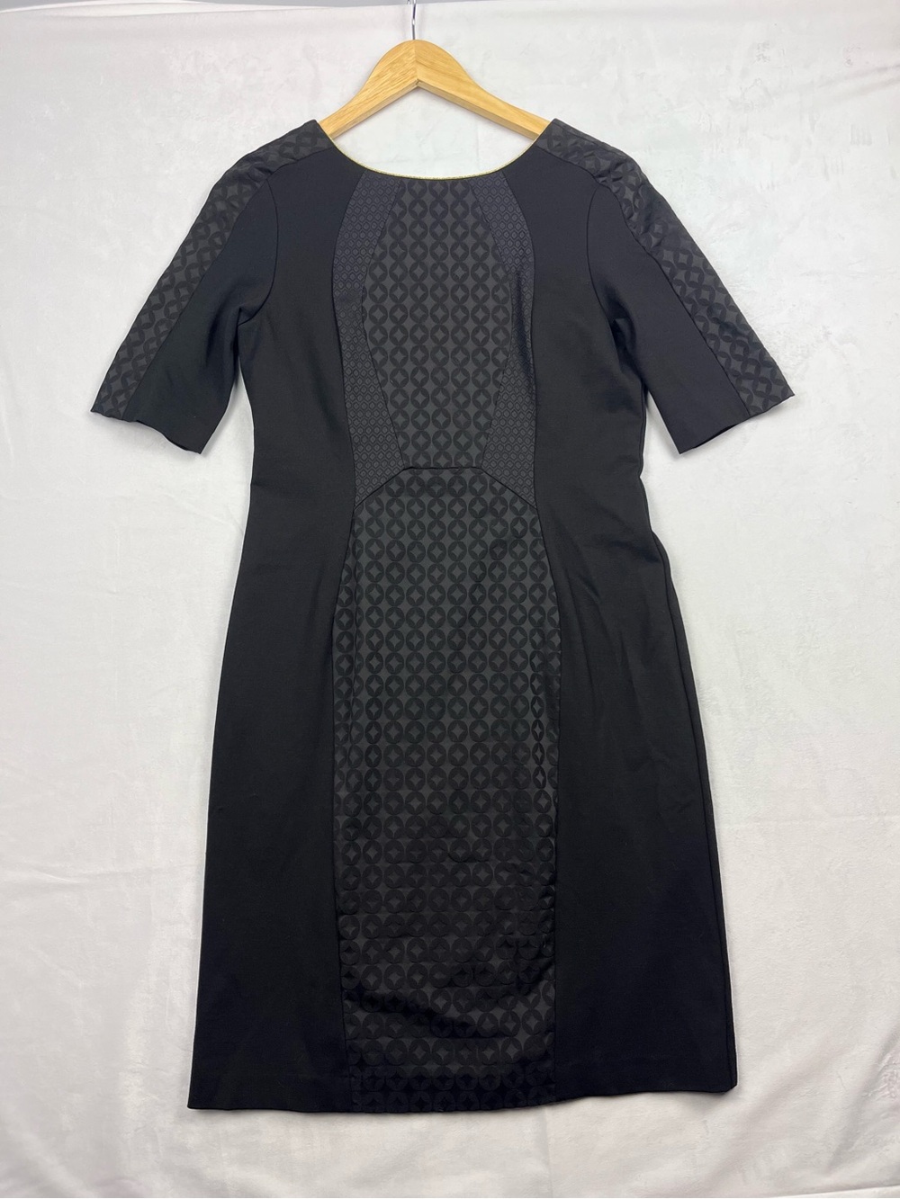 Tristan Black Geometric Panel Sheath Dress with Gold Trim and Zipper Size Large